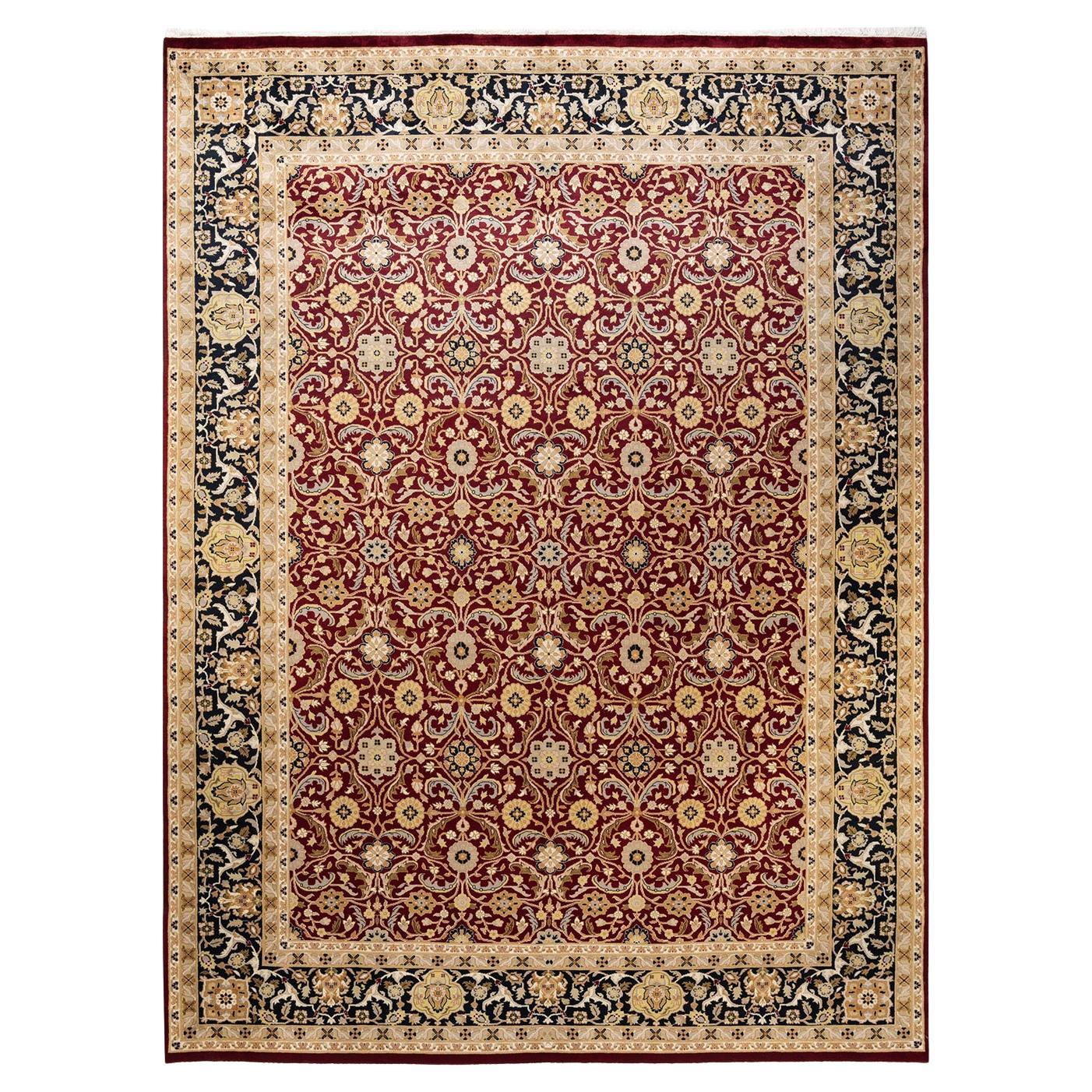 Traditional Mogul Hand Knotted Wool Red Area Rug  For Sale
