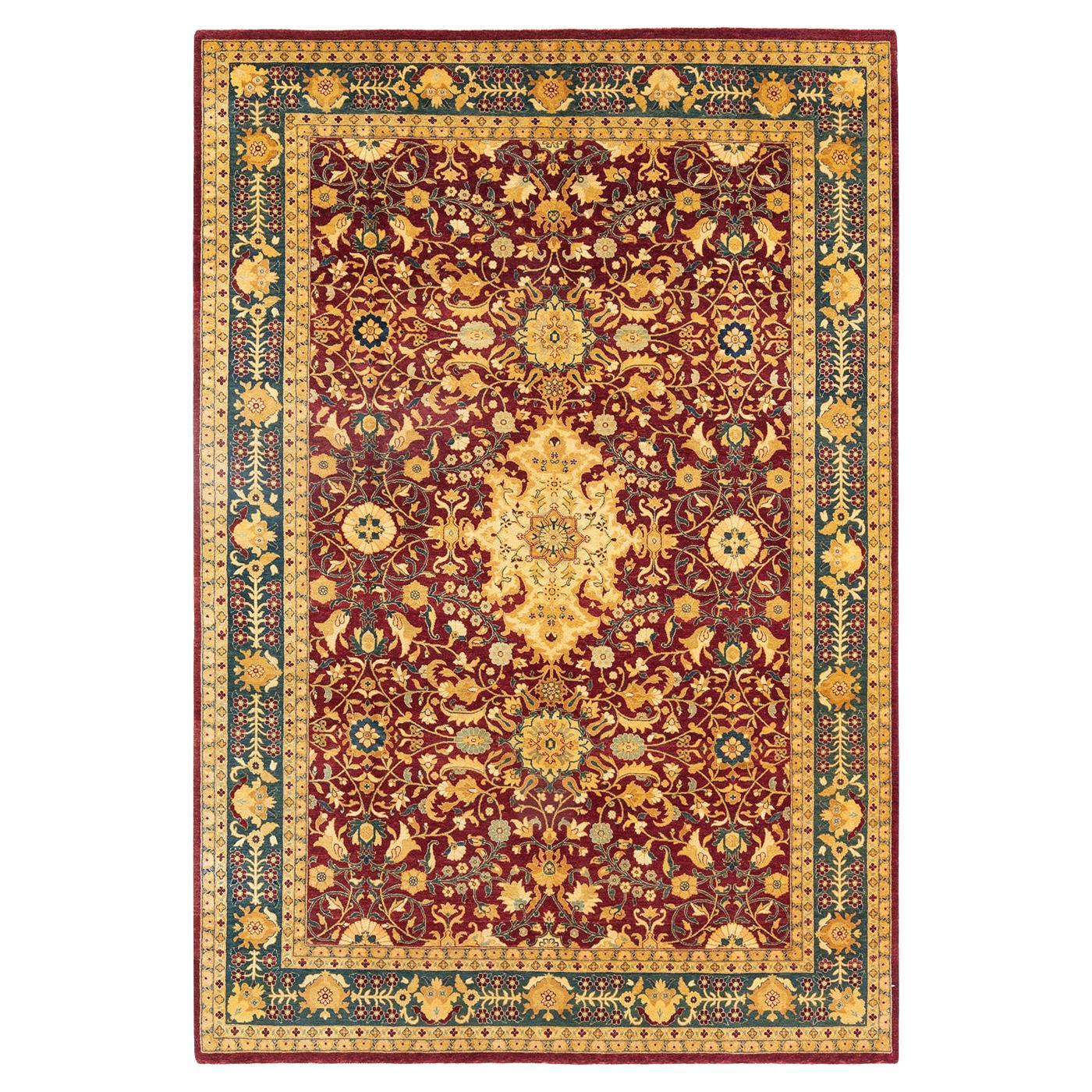 Traditional Mogul Hand Knotted Wool Red Area Rug For Sale