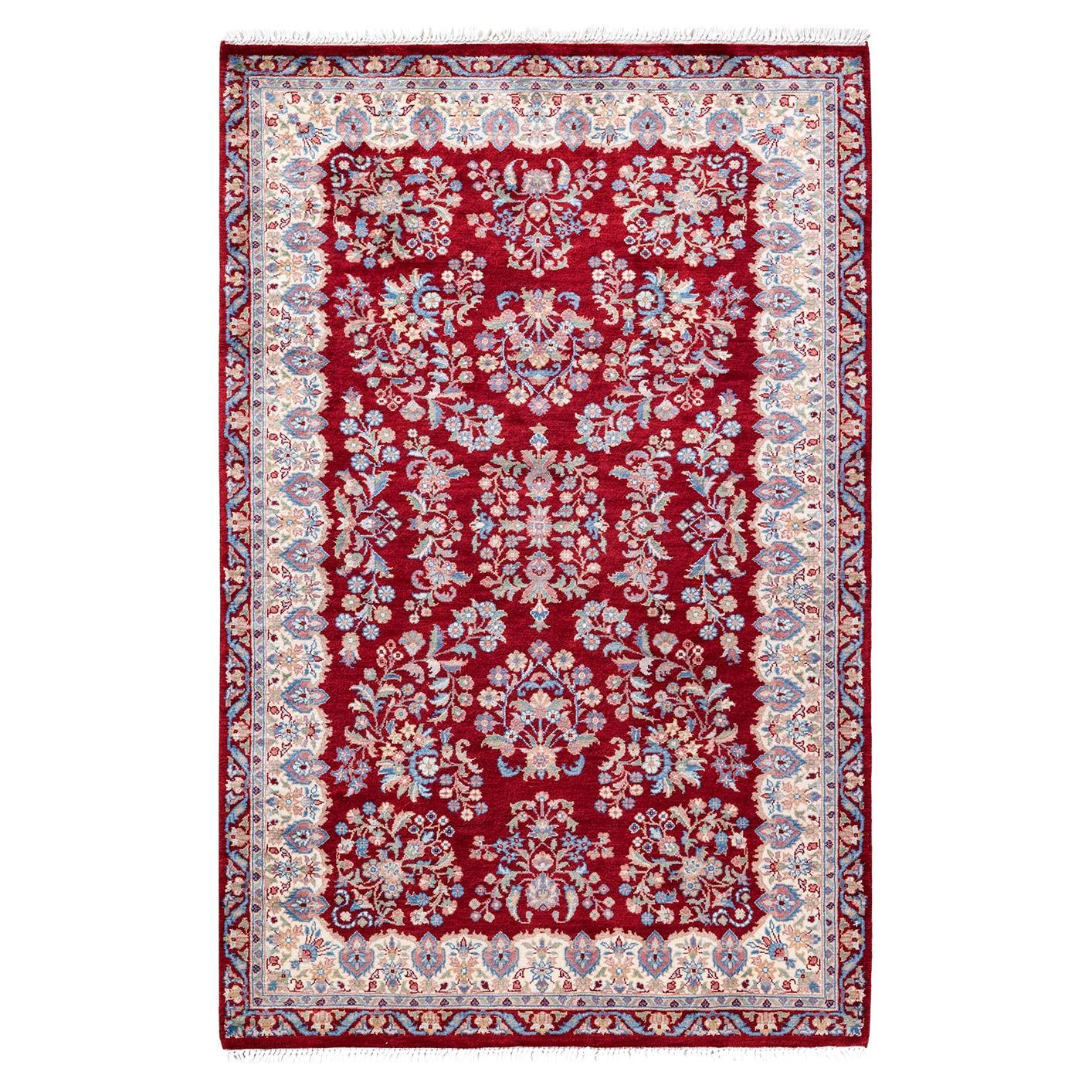 Traditional Mogul Hand Knotted Wool Red Area Rug For Sale