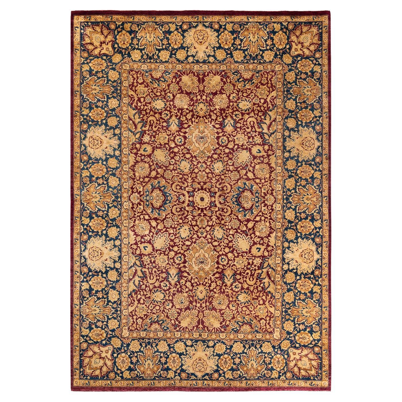 Traditional Mogul Hand Knotted Wool Red Area Rug For Sale