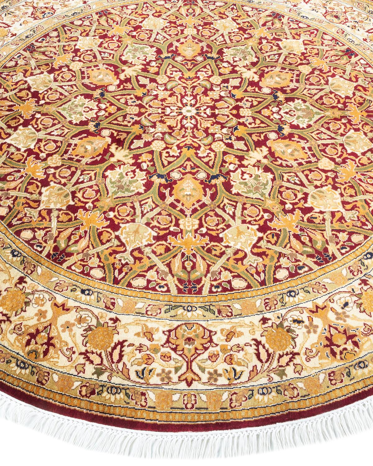 Pakistani Traditional Mogul Hand Knotted Wool Red Round Area Rug For Sale