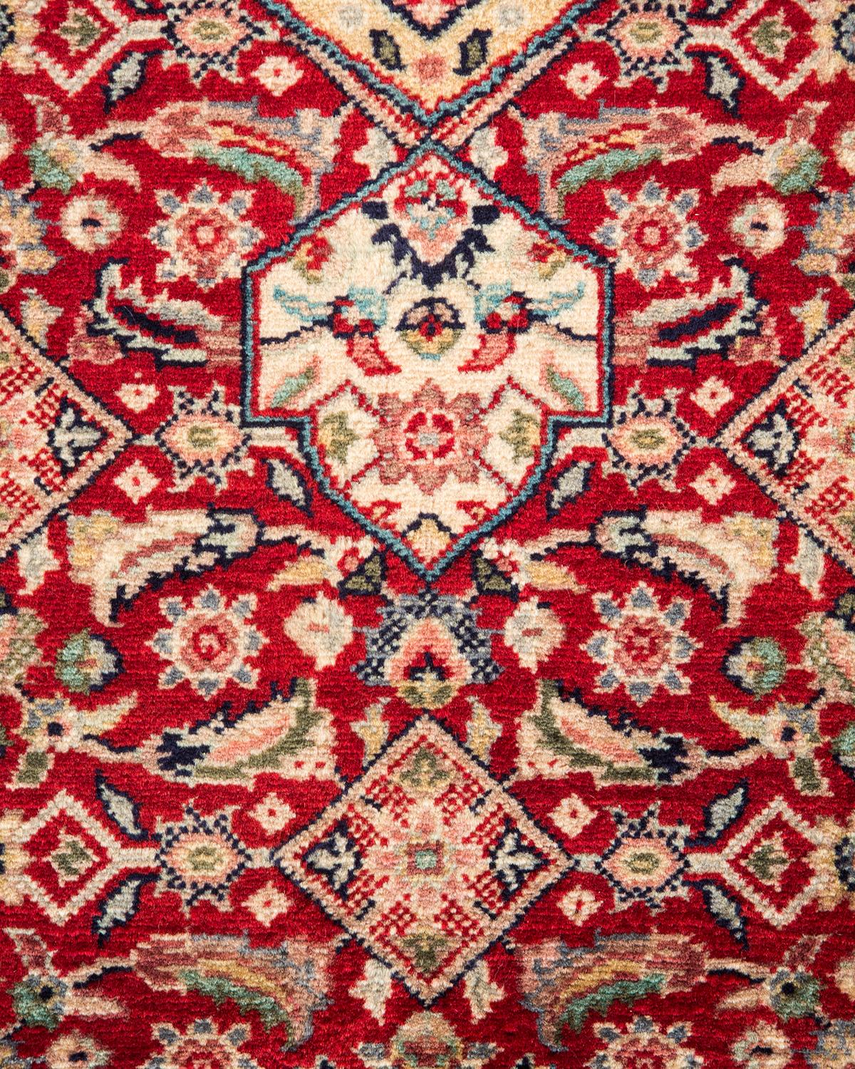 Pakistani Traditional Mogul Hand Knotted Wool Red Round Area Rug For Sale