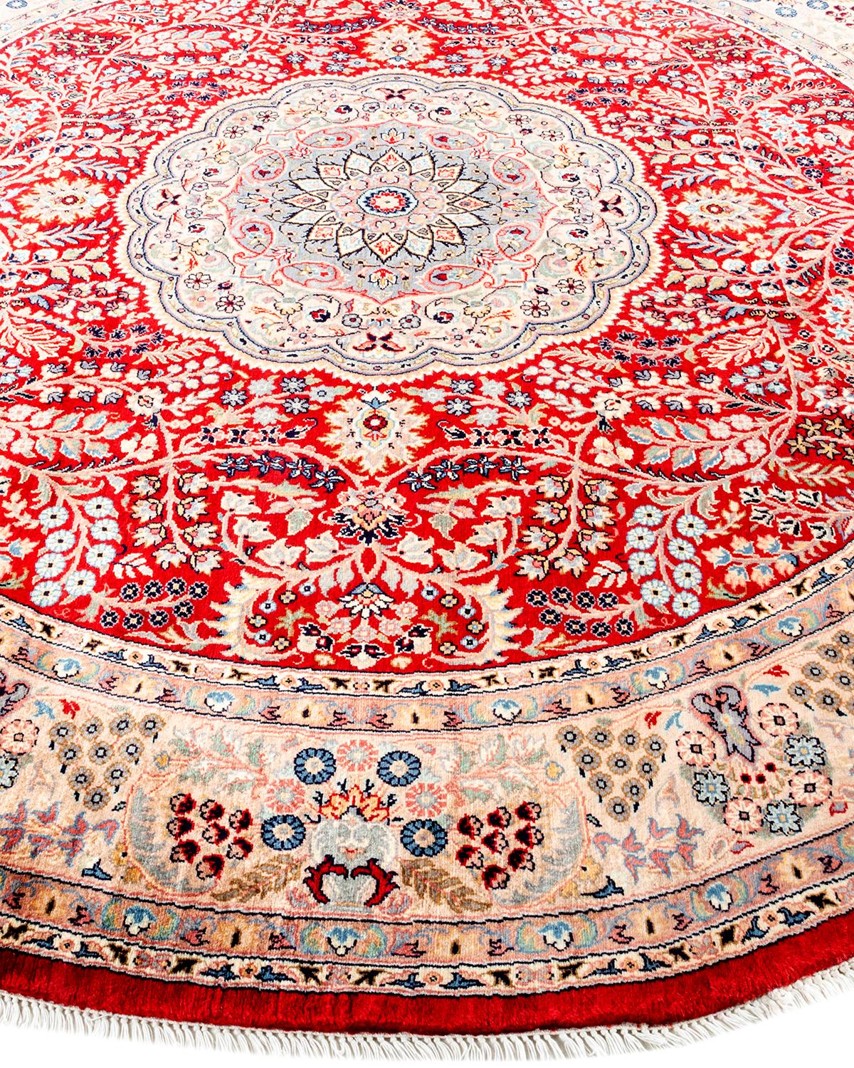 Traditional Mogul Hand Knotted Wool Red Round Area Rug In New Condition For Sale In Norwalk, CT