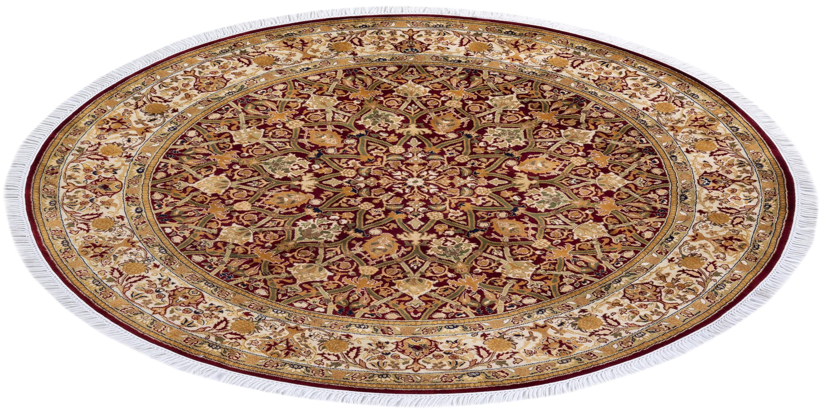 Traditional Mogul Hand Knotted Wool Red Round Area Rug For Sale 2
