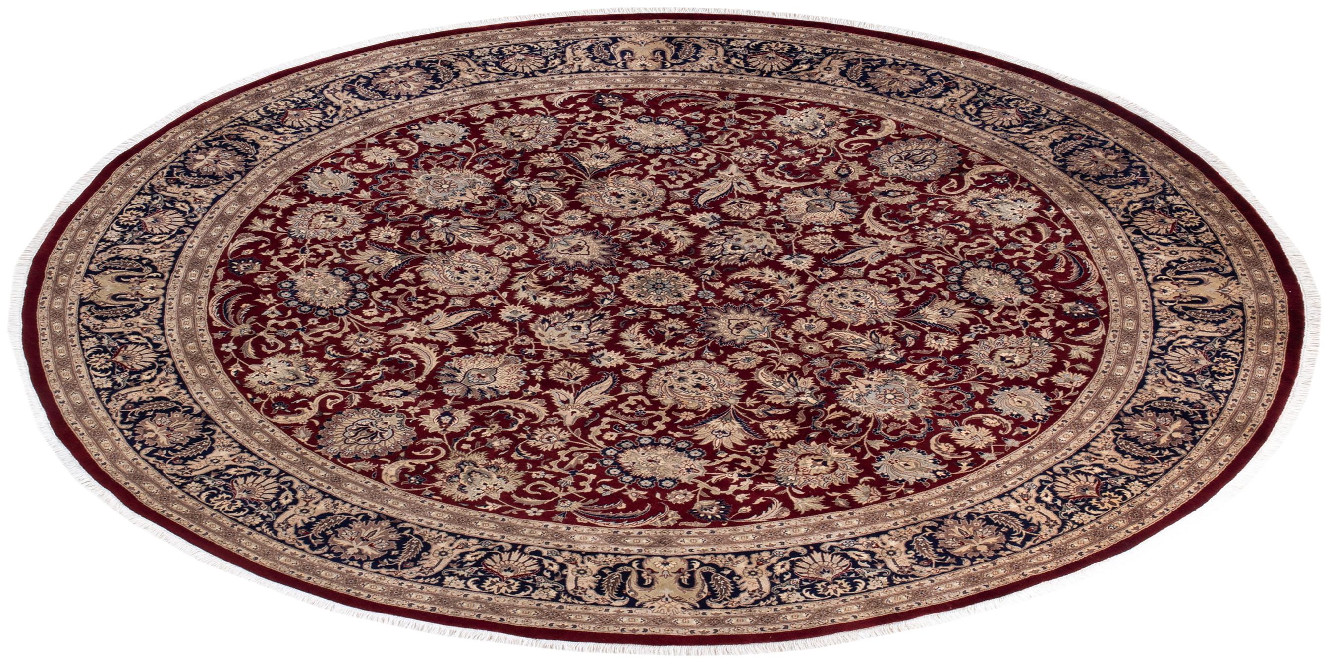 Traditional Mogul Hand Knotted Wool Red Round Area Rug  For Sale 3