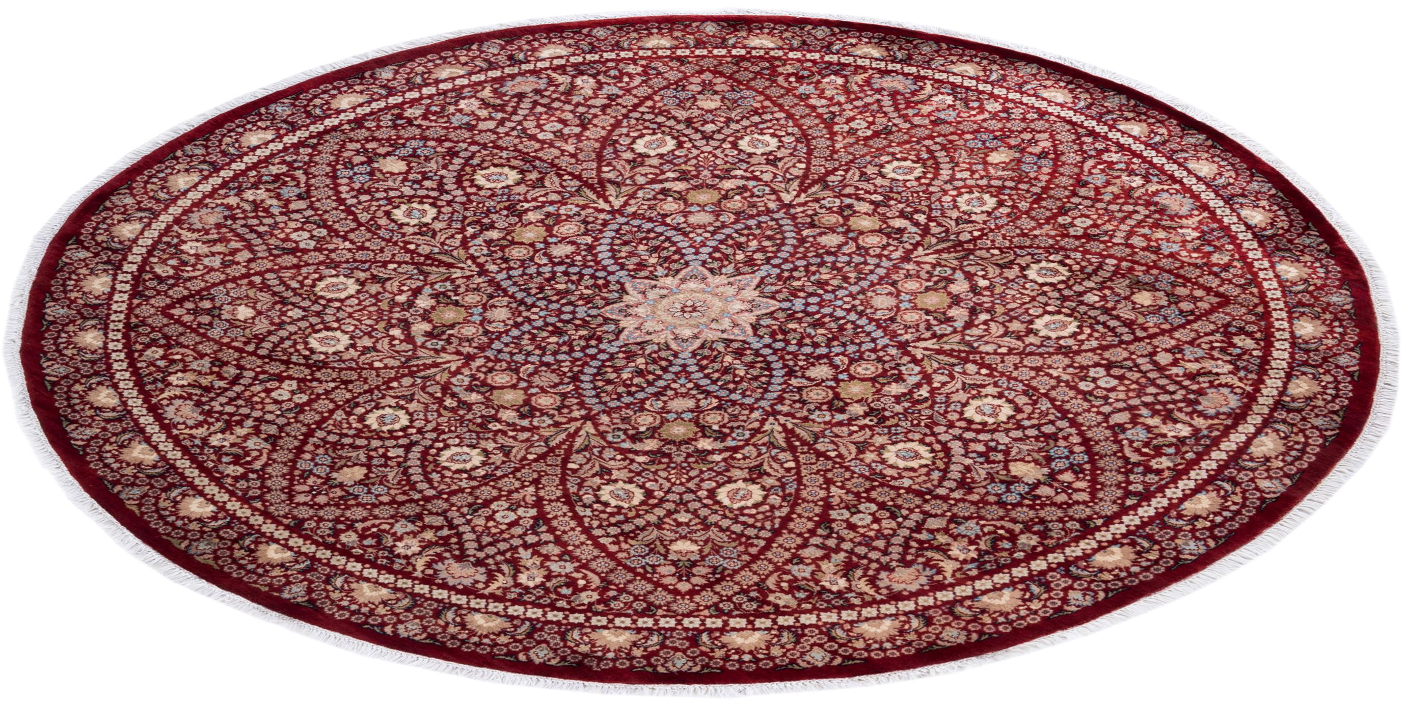 Traditional Mogul Hand Knotted Wool Red Round Area Rug  For Sale 3