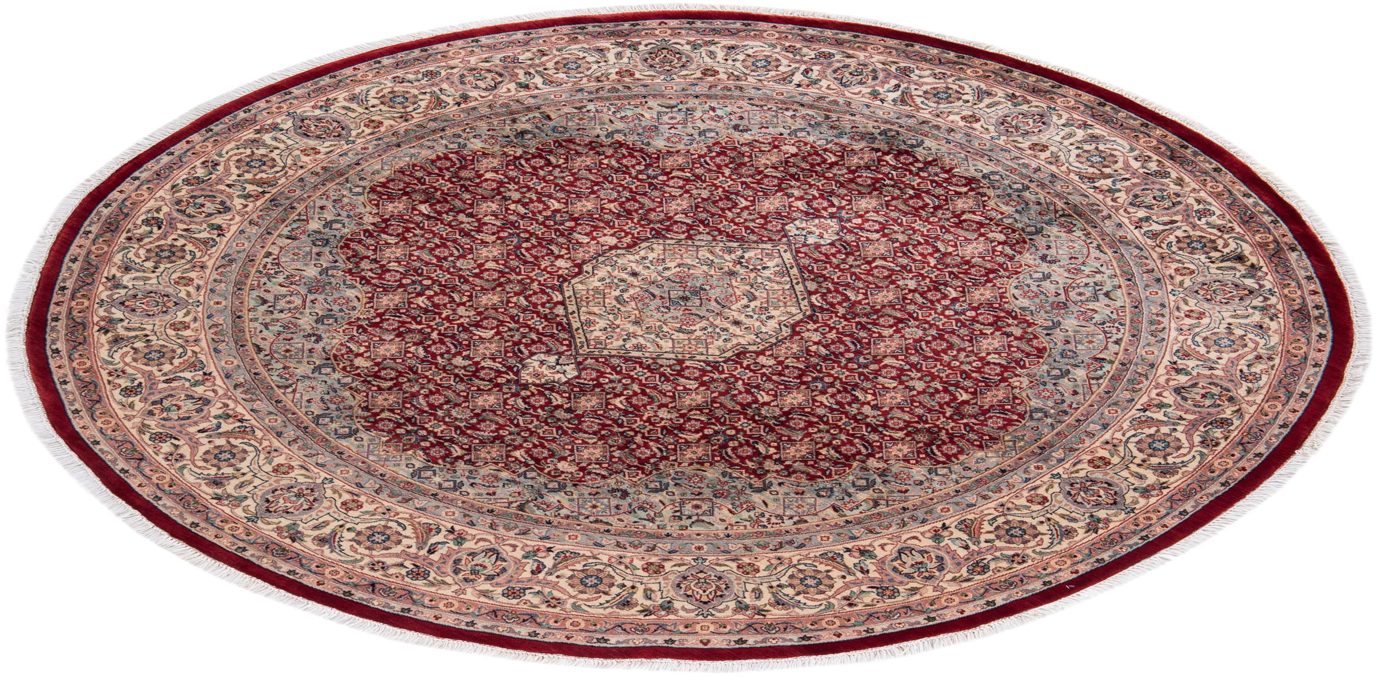 Traditional Mogul Hand Knotted Wool Red Round Area Rug For Sale 3