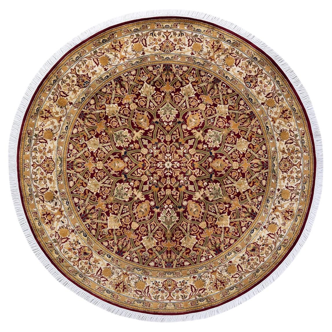 Traditional Mogul Hand Knotted Wool Red Round Area Rug For Sale