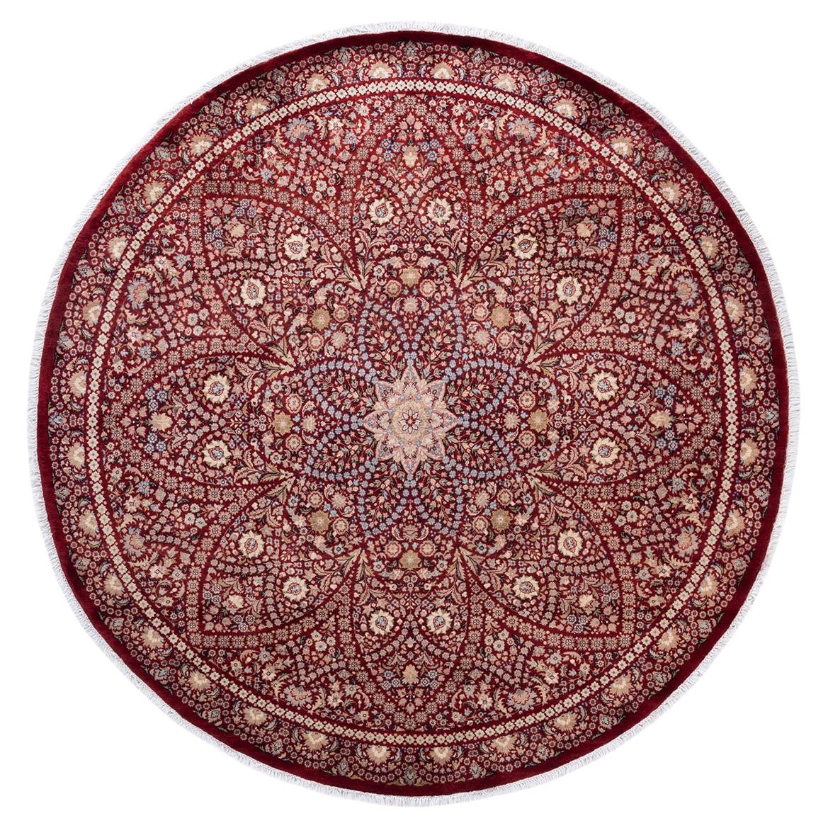 Traditional Mogul Hand Knotted Wool Red Round Area Rug  For Sale
