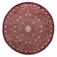 Traditional Mogul Hand Knotted Wool Red Round Area Rug 