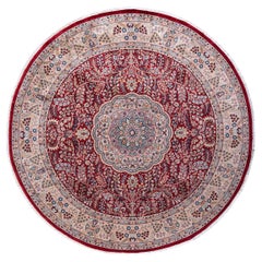 Traditional Mogul Hand Knotted Wool Red Round Area Rug