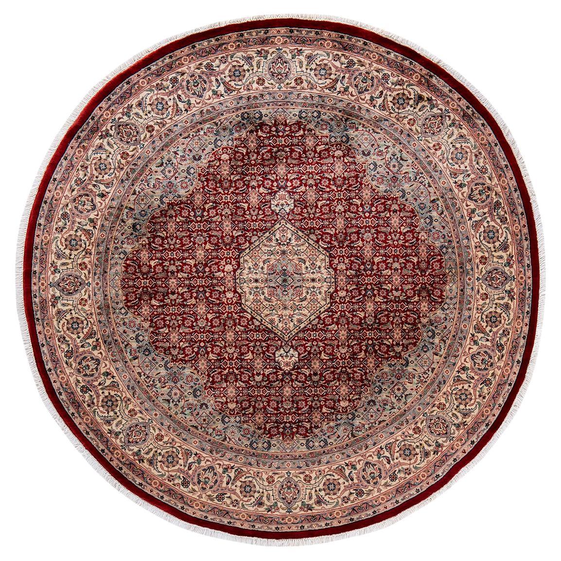 Traditional Mogul Hand Knotted Wool Red Round Area Rug For Sale