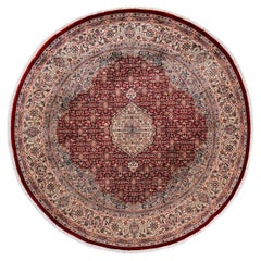 Traditional Mogul Hand Knotted Wool Red Round Area Rug