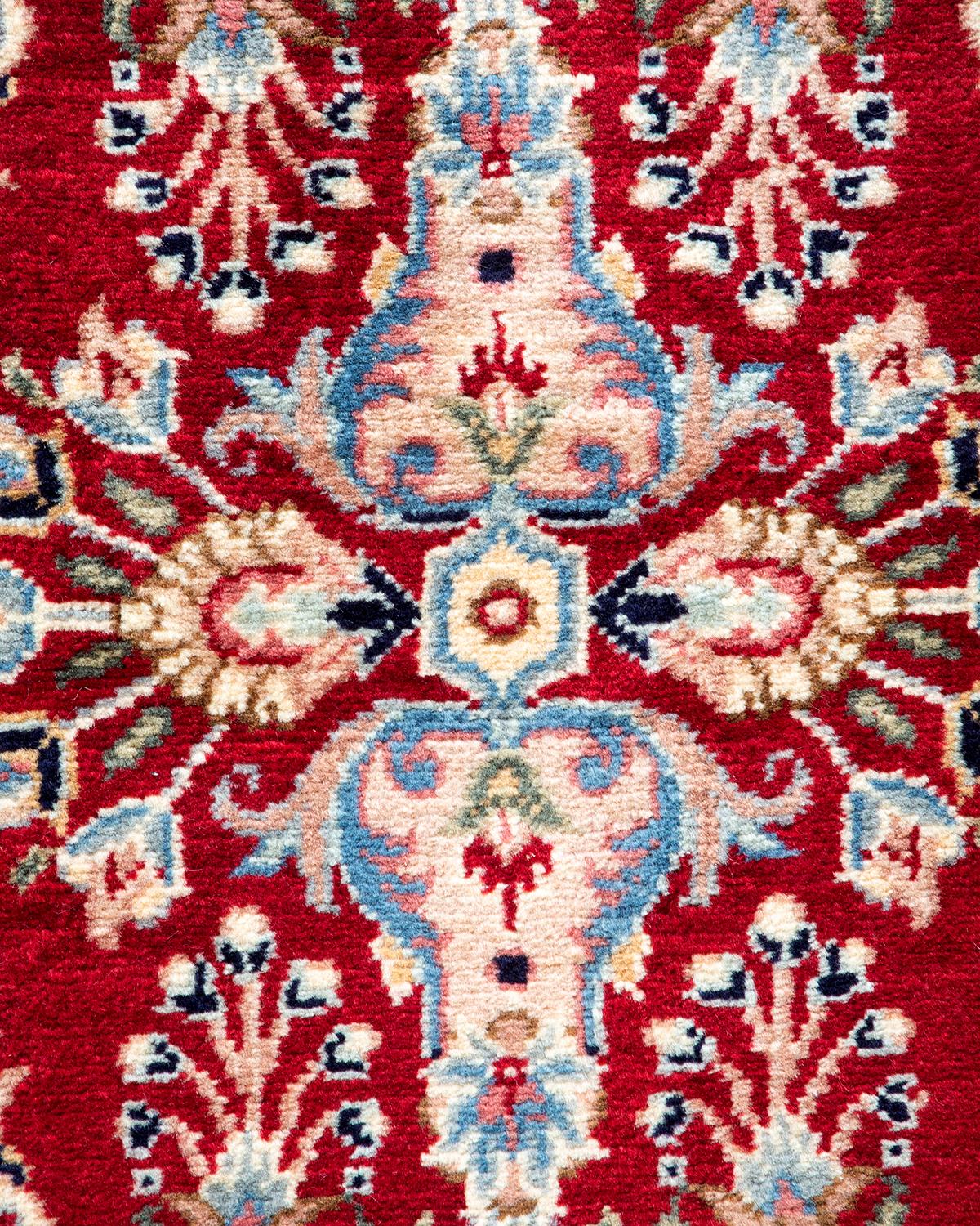 Pakistani Traditional Mogul Hand Knotted Wool Red Runner For Sale