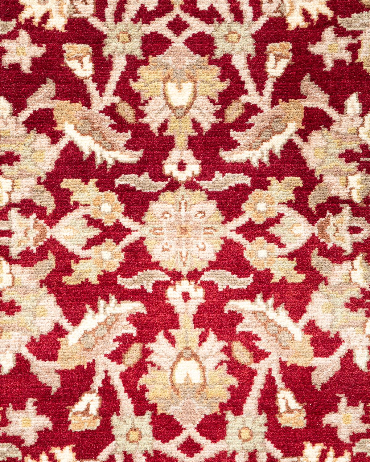 Pakistani Traditional Mogul Hand Knotted Wool Red Runner For Sale