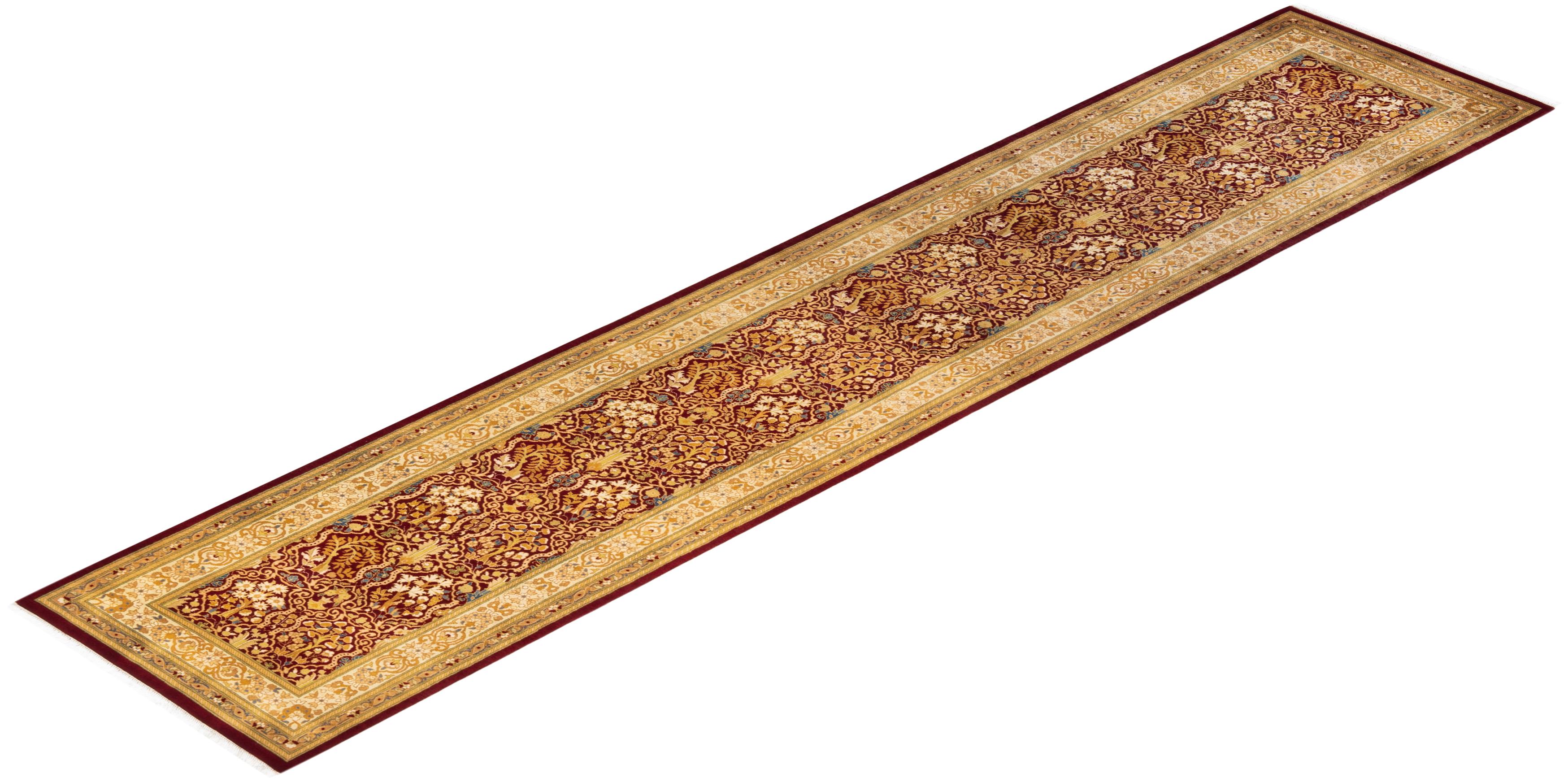 Traditional Mogul Hand Knotted Wool Red Runner  For Sale 3