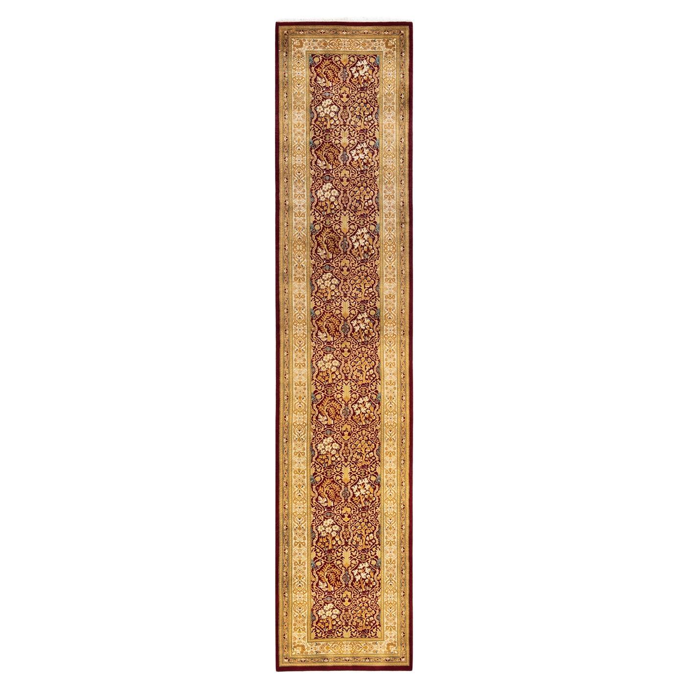 Traditional Mogul Hand Knotted Wool Red Runner  For Sale