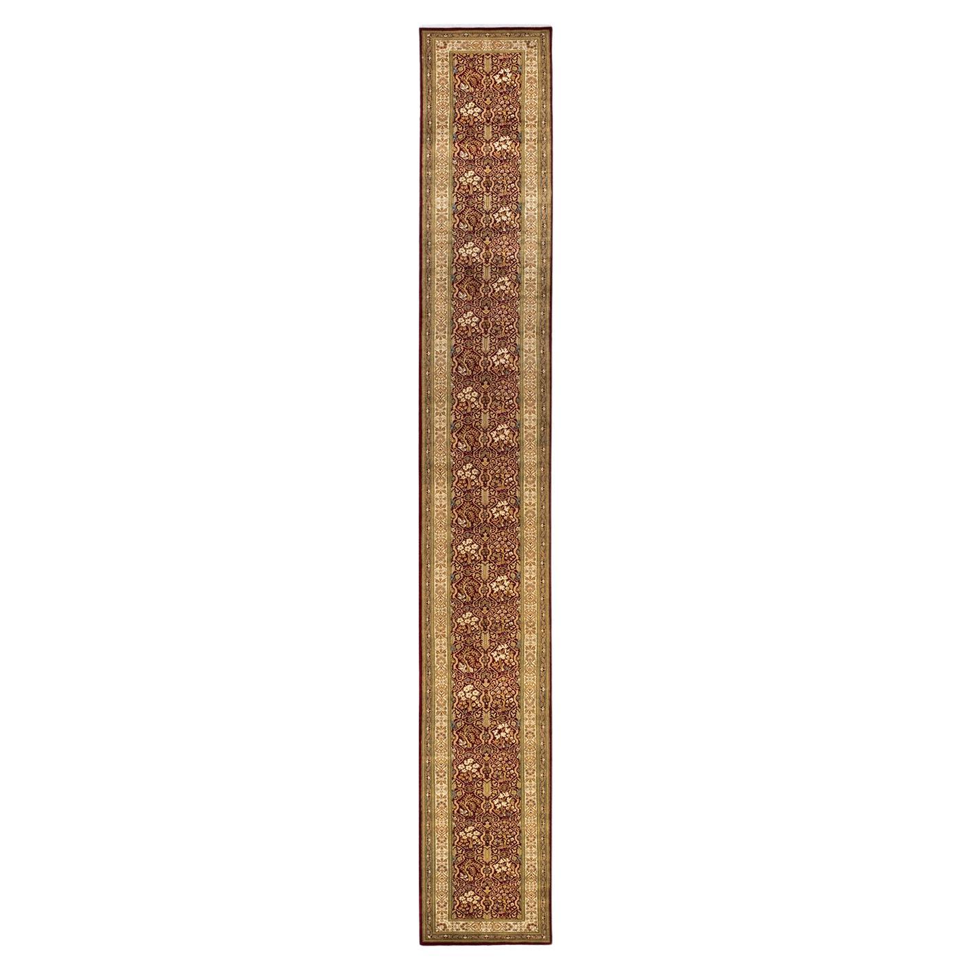 Traditional Mogul Hand Knotted Wool Red Runner  For Sale