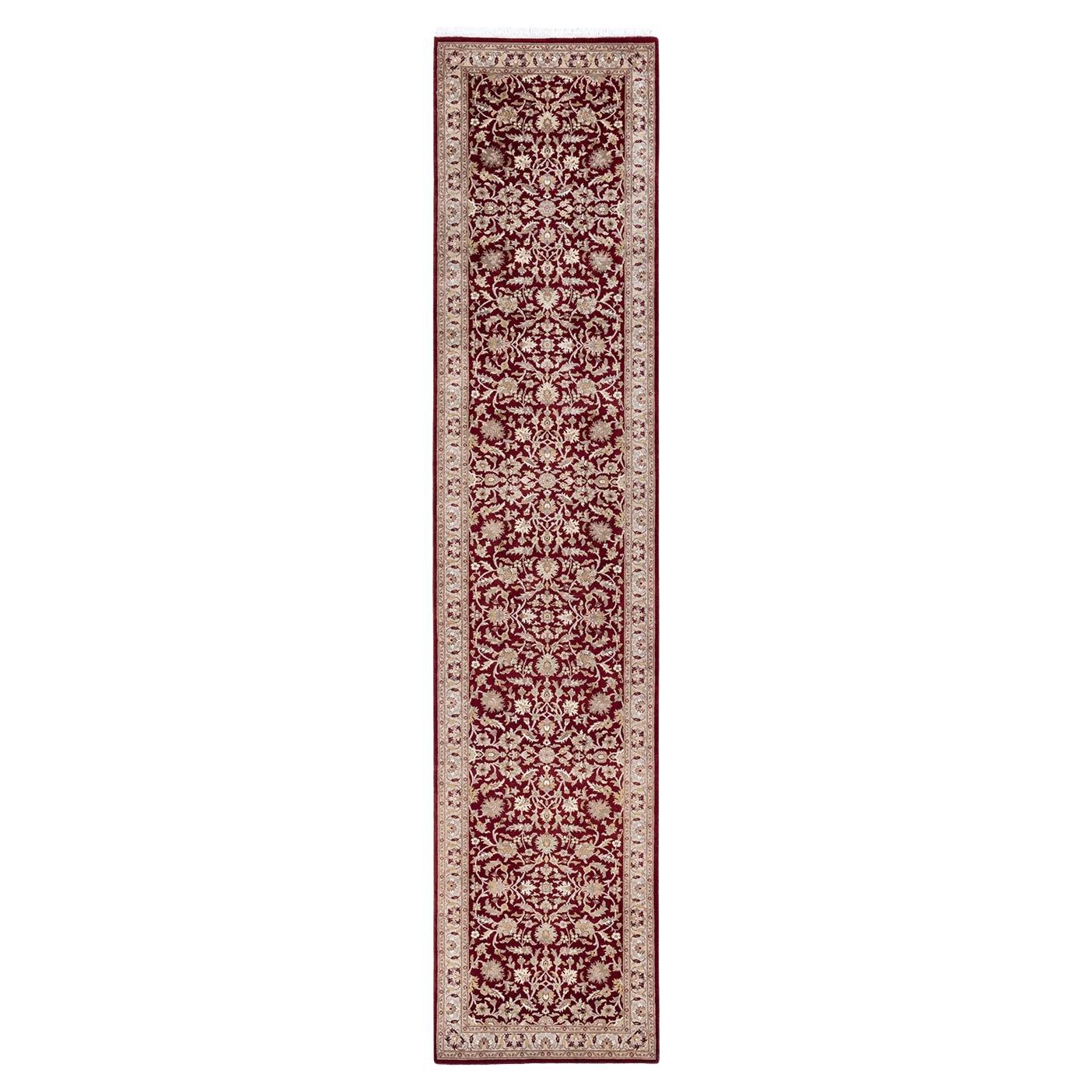 Traditional Mogul Hand Knotted Wool Red Runner For Sale