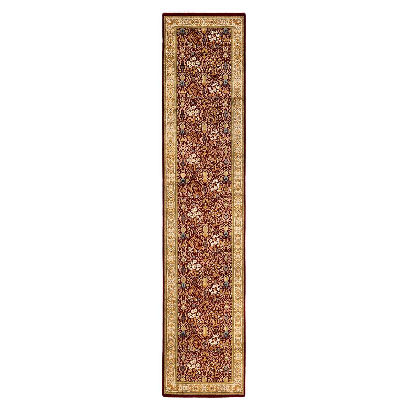Traditional Mogul Hand Knotted Wool Red Runner For Sale