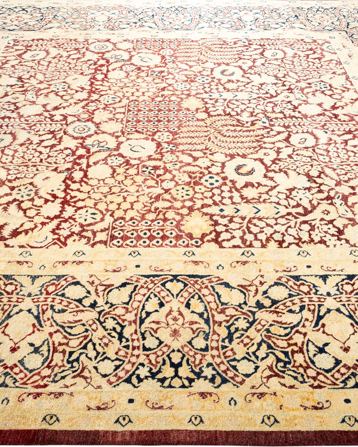 Traditional Mogul Hand Knotted Wool Red Square Area Rug In New Condition For Sale In Norwalk, CT