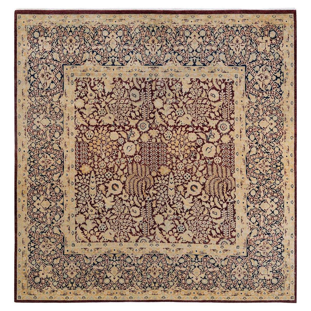 Traditional Mogul Hand Knotted Wool Red Square Area Rug For Sale