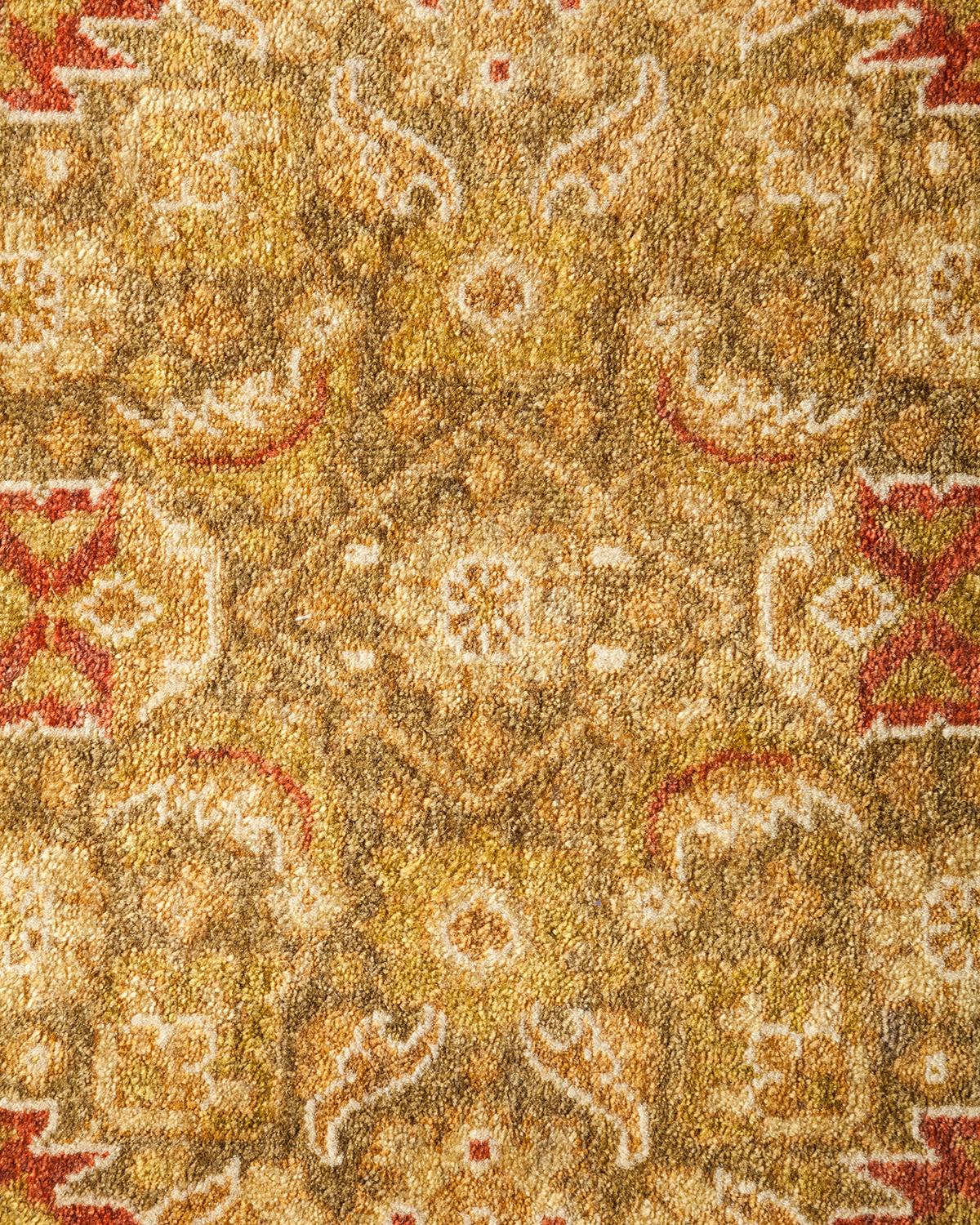 Pakistani Traditional Mogul Hand Knotted Wool Yellow Area Rug For Sale
