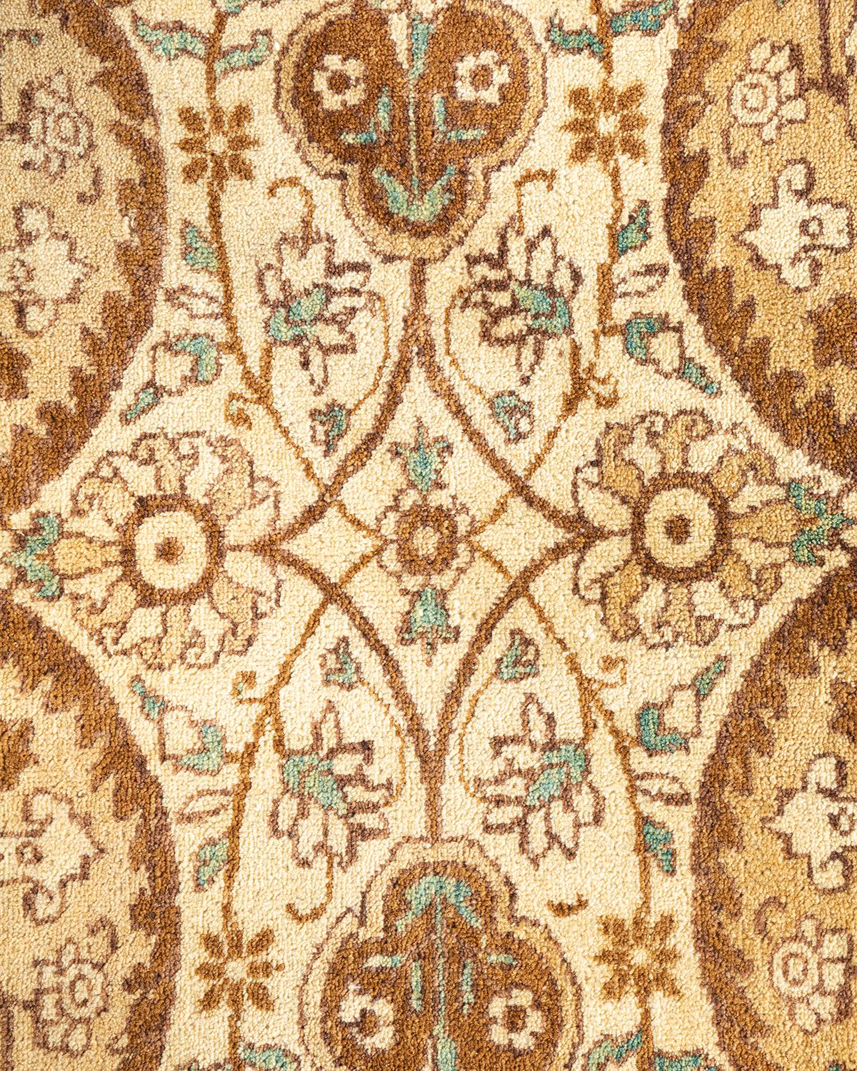 Pakistani Traditional Mogul Hand Knotted Wool Yellow Area Rug For Sale