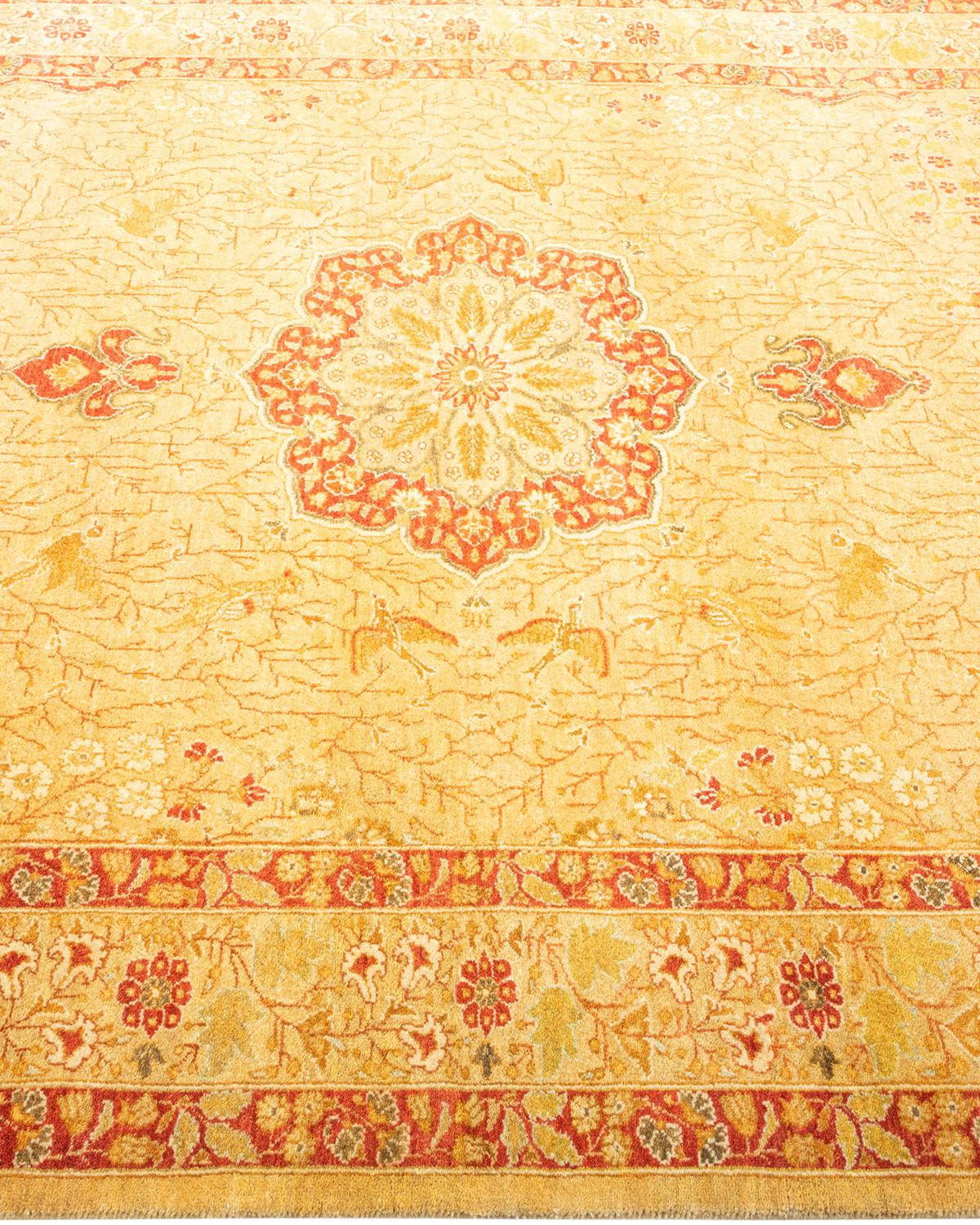 Traditional Mogul Hand Knotted Wool Yellow Area Rug In New Condition For Sale In Norwalk, CT
