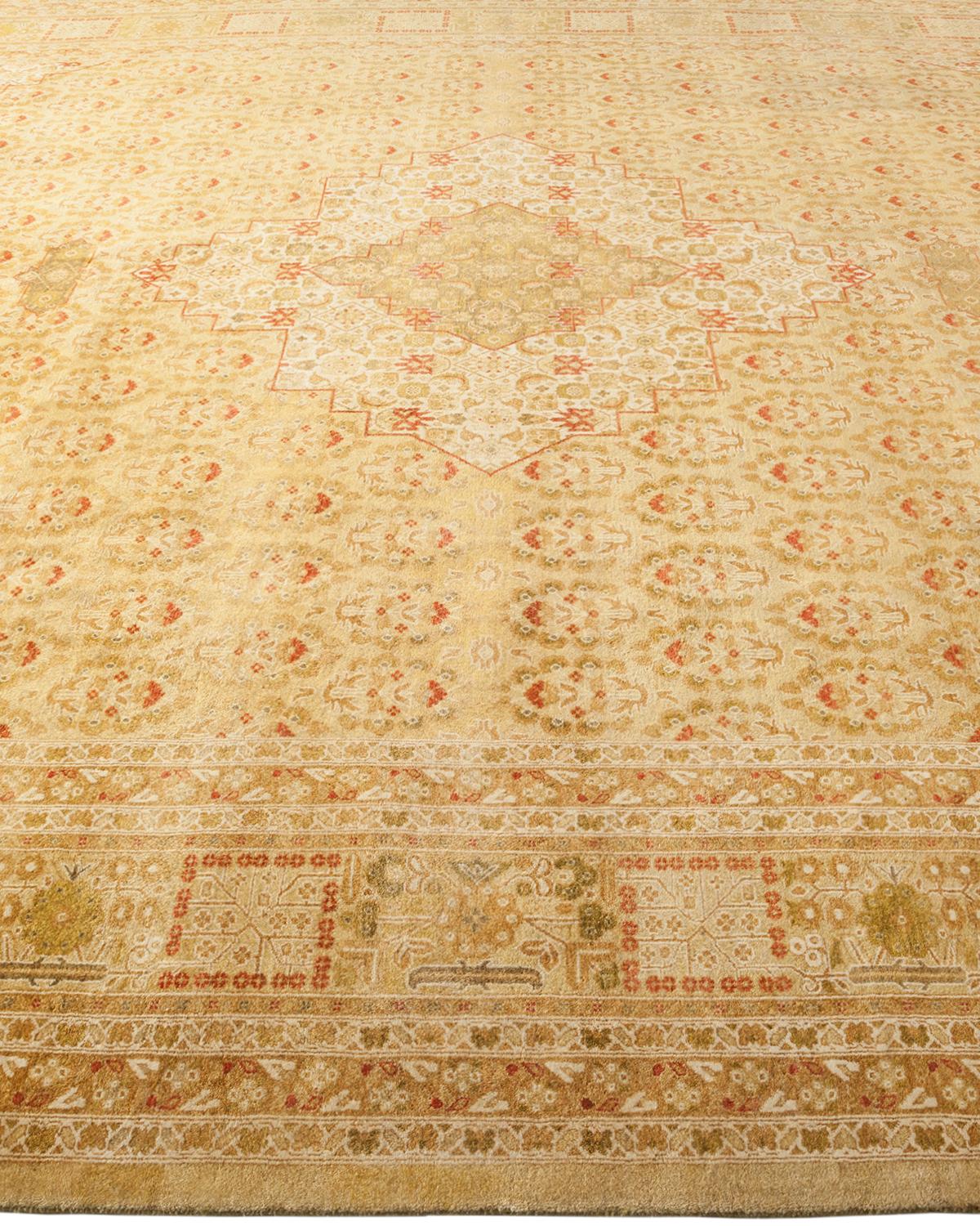 Traditional Mogul Hand Knotted Wool Yellow Area Rug In New Condition For Sale In Norwalk, CT