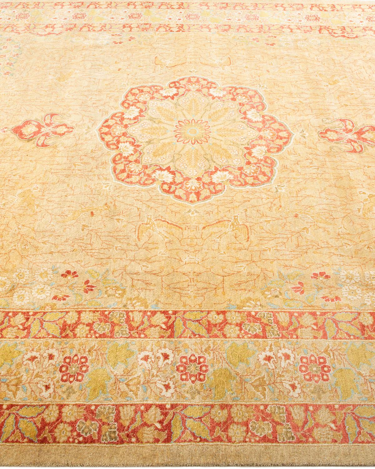 Traditional Mogul Hand Knotted Wool Yellow Area Rug In New Condition For Sale In Norwalk, CT