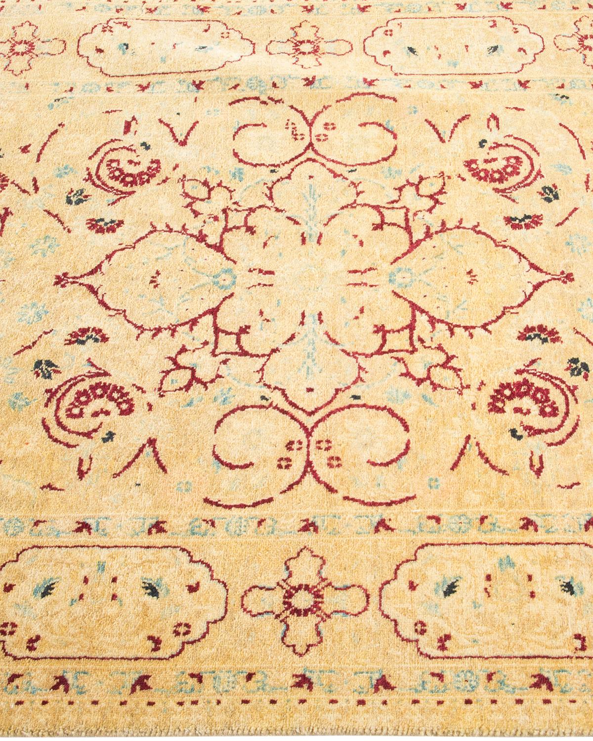 Traditional Mogul Hand Knotted Wool Yellow Area Rug In New Condition For Sale In Norwalk, CT