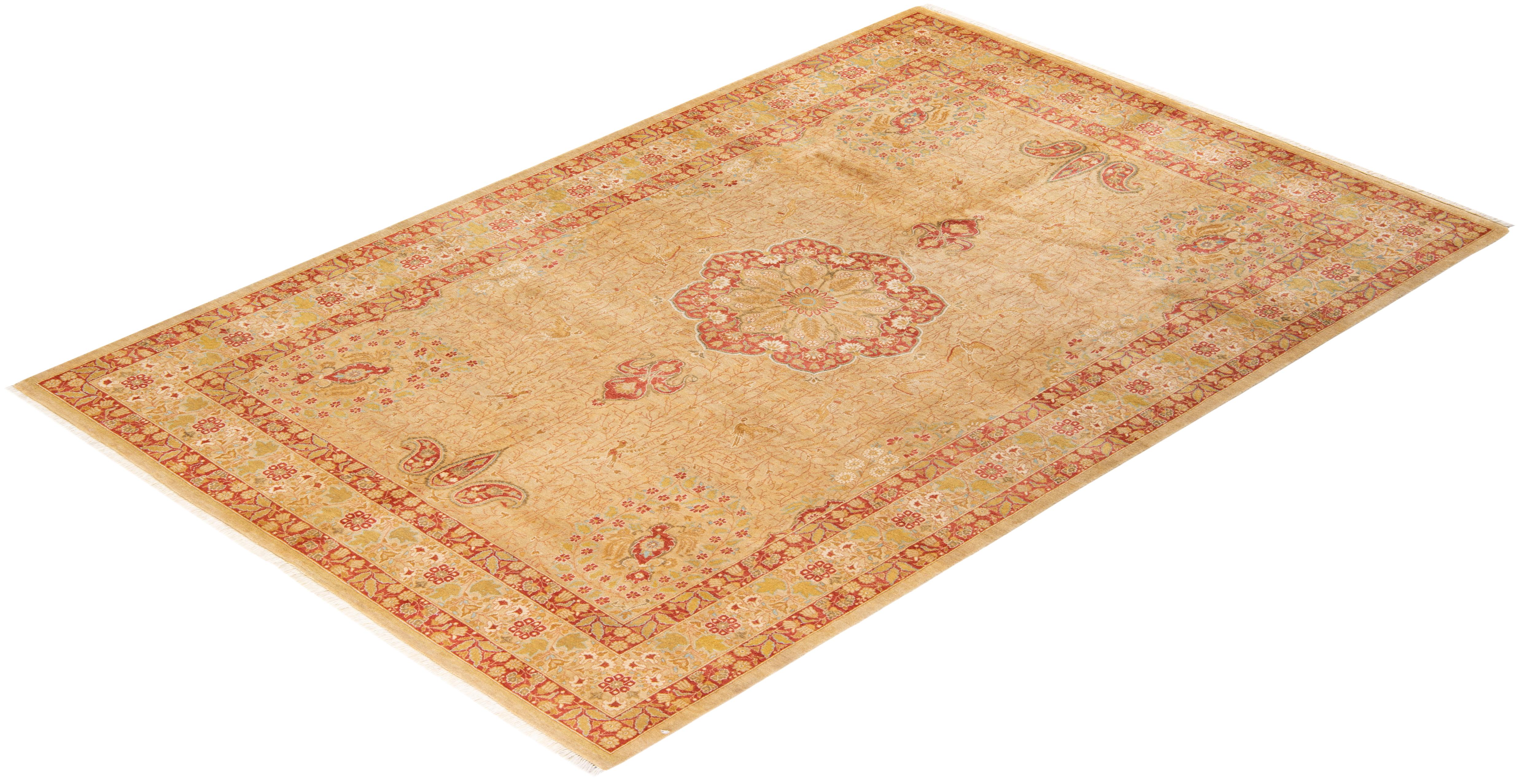 Traditional Mogul Hand Knotted Wool Yellow Area Rug For Sale 3