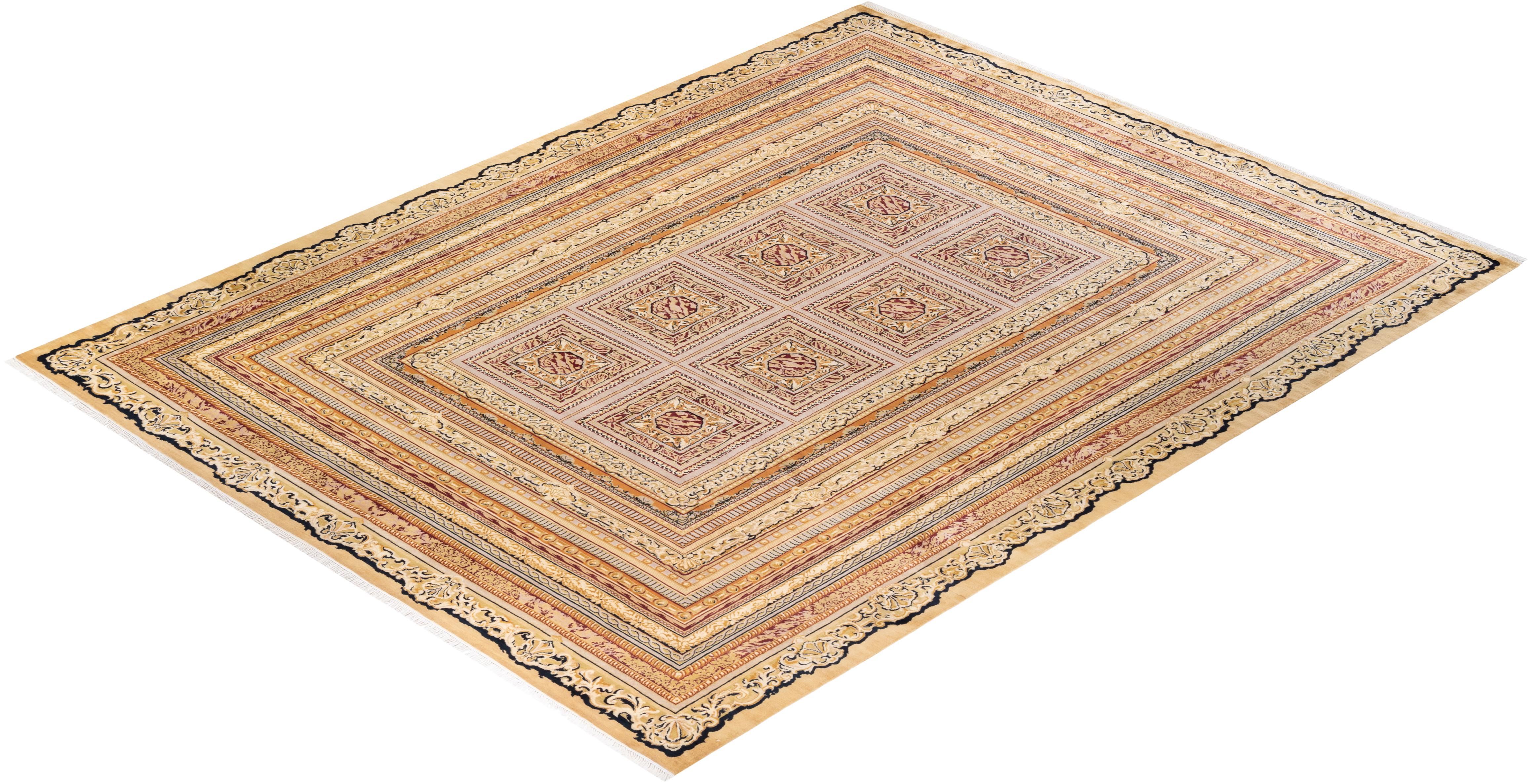 Traditional Mogul Hand Knotted Wool Yellow Area Rug For Sale 3