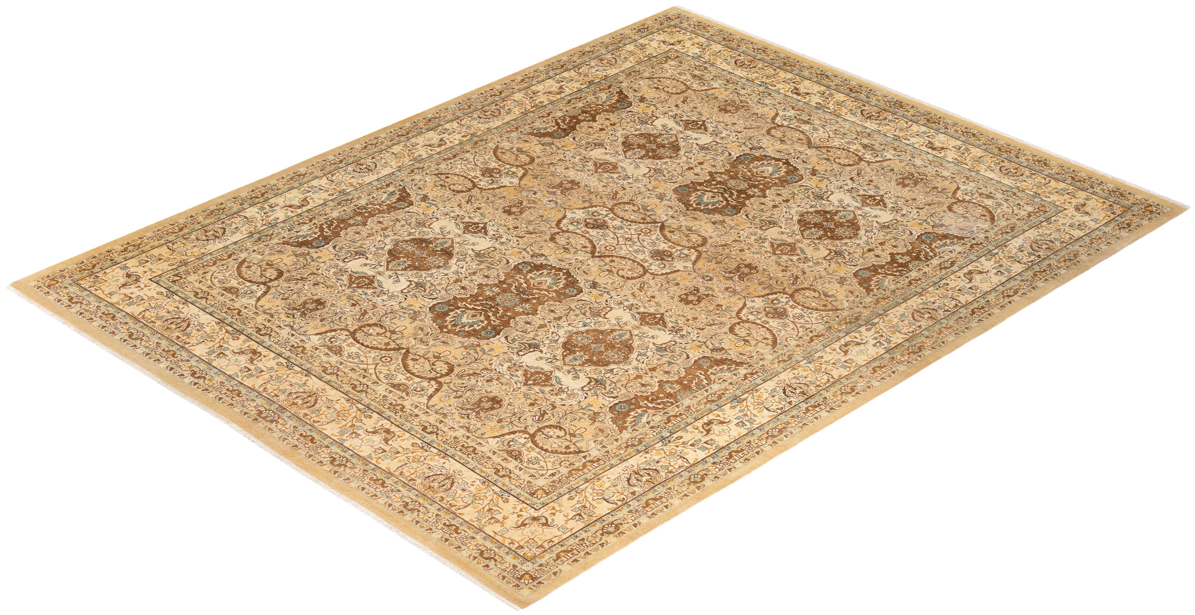 Traditional Mogul Hand Knotted Wool Yellow Area Rug For Sale 3