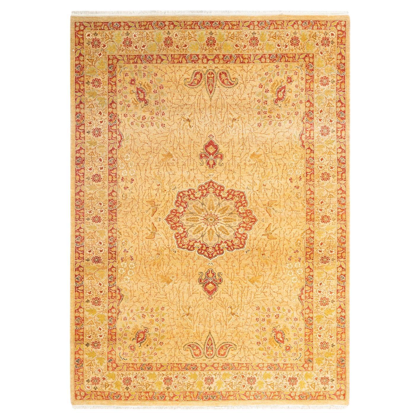 Traditional Mogul Hand Knotted Wool Yellow Area Rug For Sale