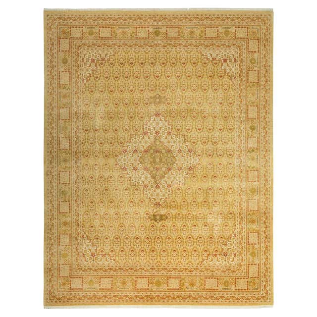 Traditional Mogul Hand Knotted Wool Yellow Area Rug For Sale at 1stDibs