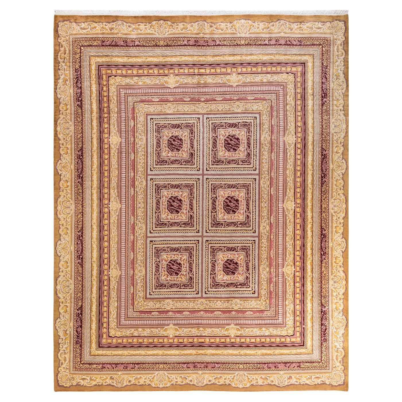 Traditional Mogul Hand Knotted Wool Yellow Area Rug For Sale