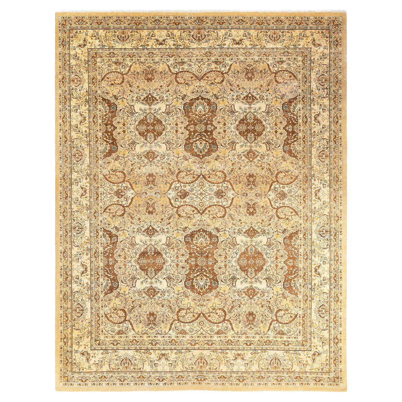 Traditional Mogul Hand Knotted Wool Yellow Area Rug