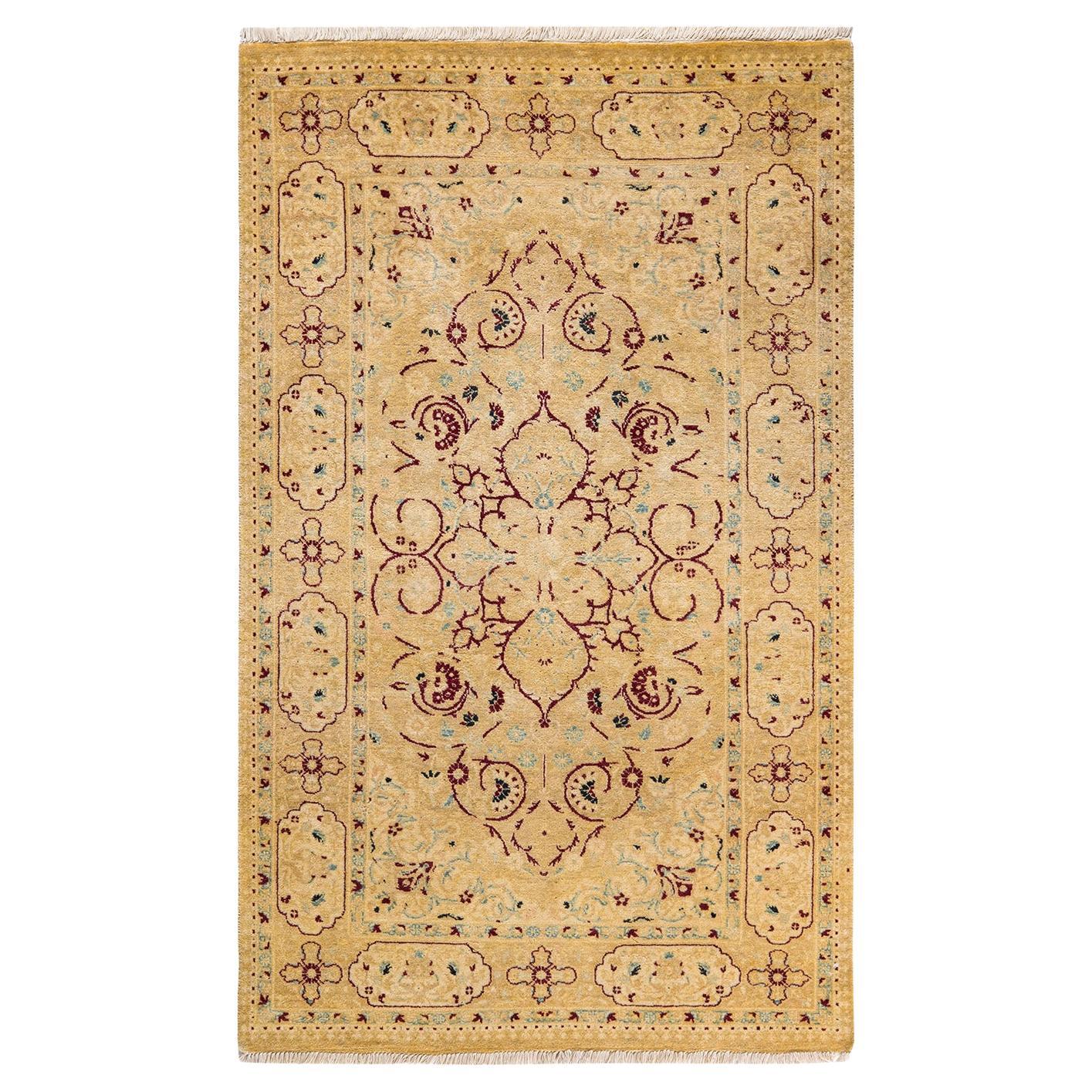 Traditional Mogul Hand Knotted Wool Yellow Area Rug For Sale