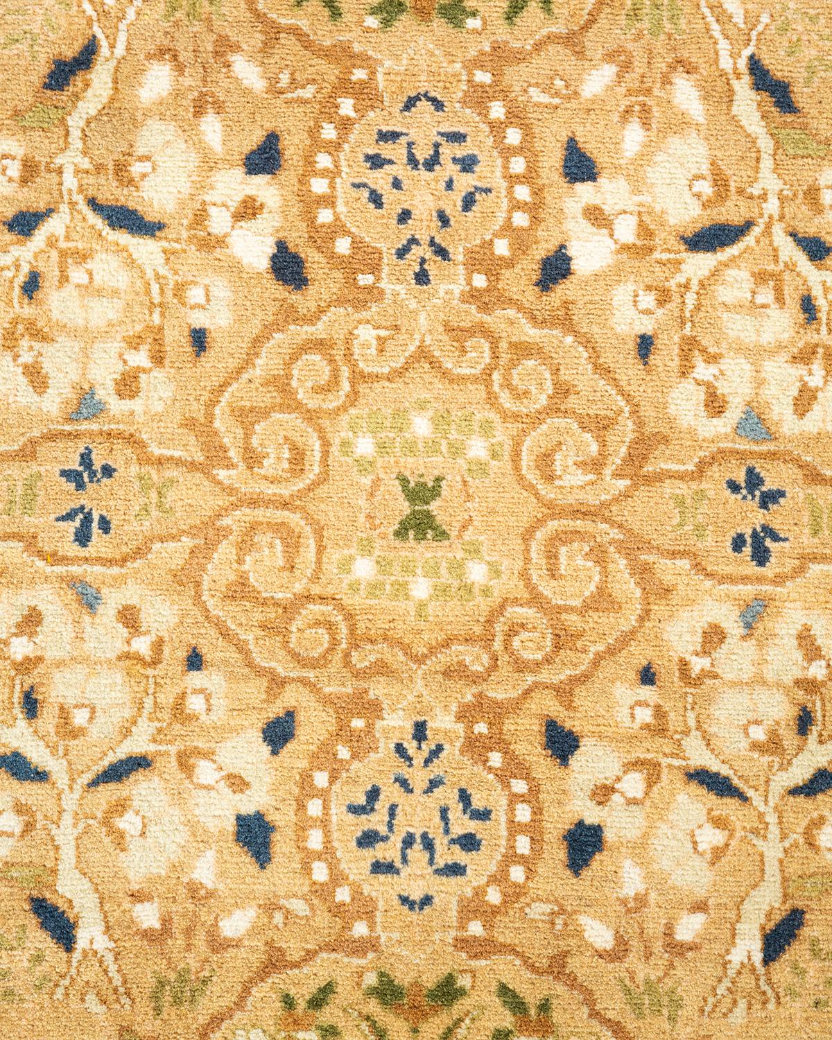 Pakistani Traditional Mogul Hand Knotted Wool Yellow Octagon Area Rug