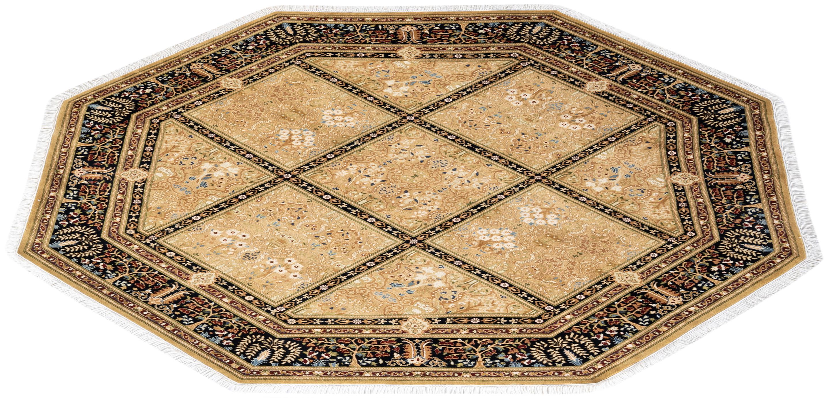 Traditional Mogul Hand Knotted Wool Yellow Octagon Area Rug For Sale 3