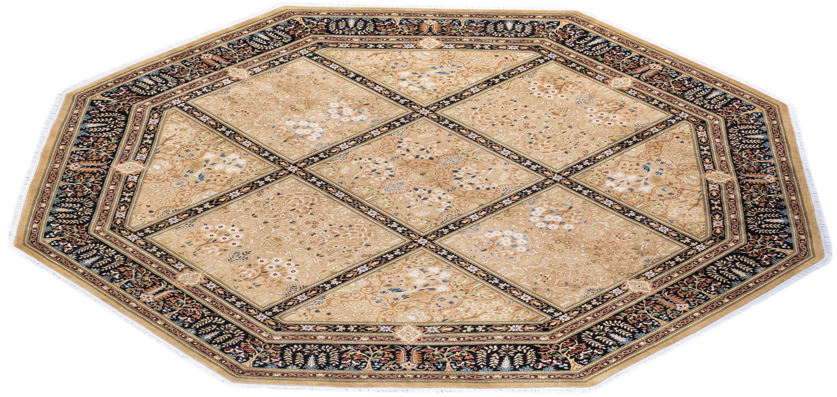 Traditional Mogul Hand Knotted Wool Yellow Octagon Area Rug  For Sale 3