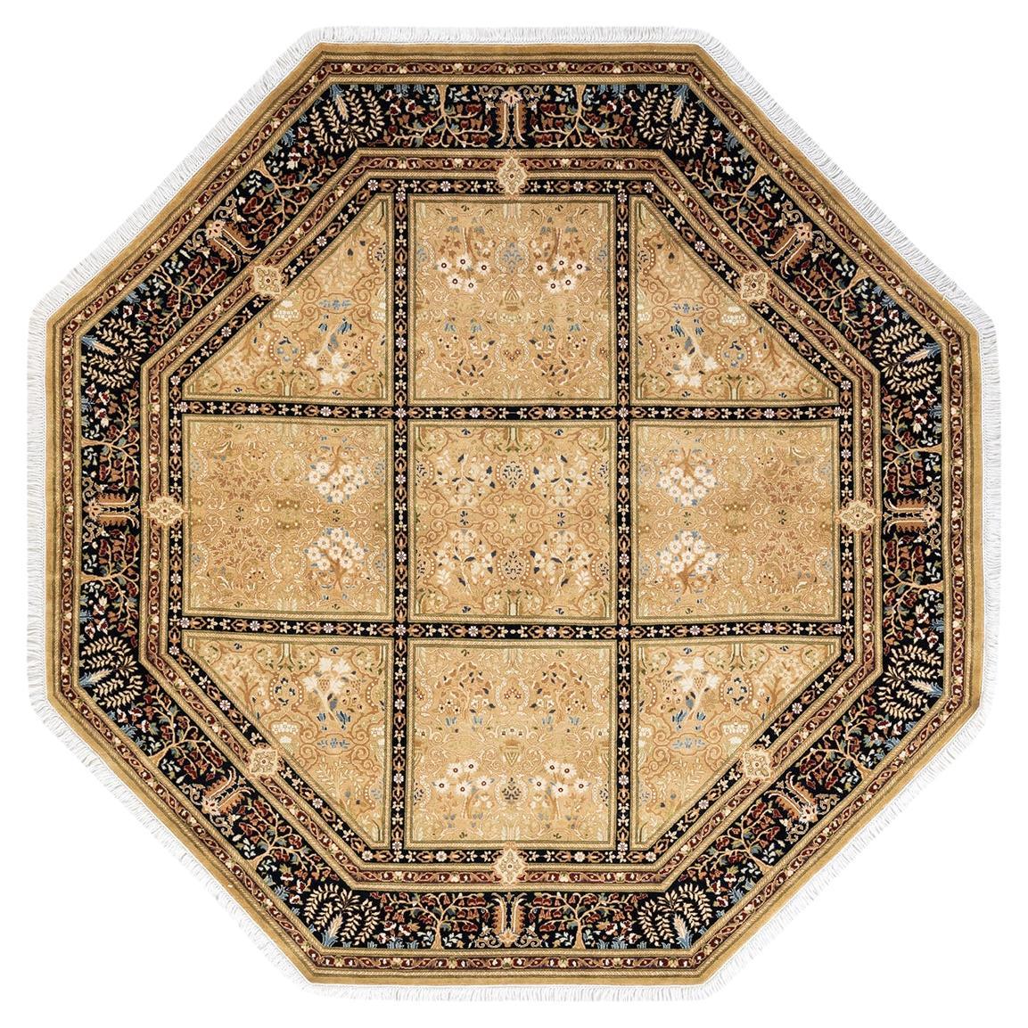 Traditional Mogul Hand Knotted Wool Yellow Octagon Area Rug For Sale