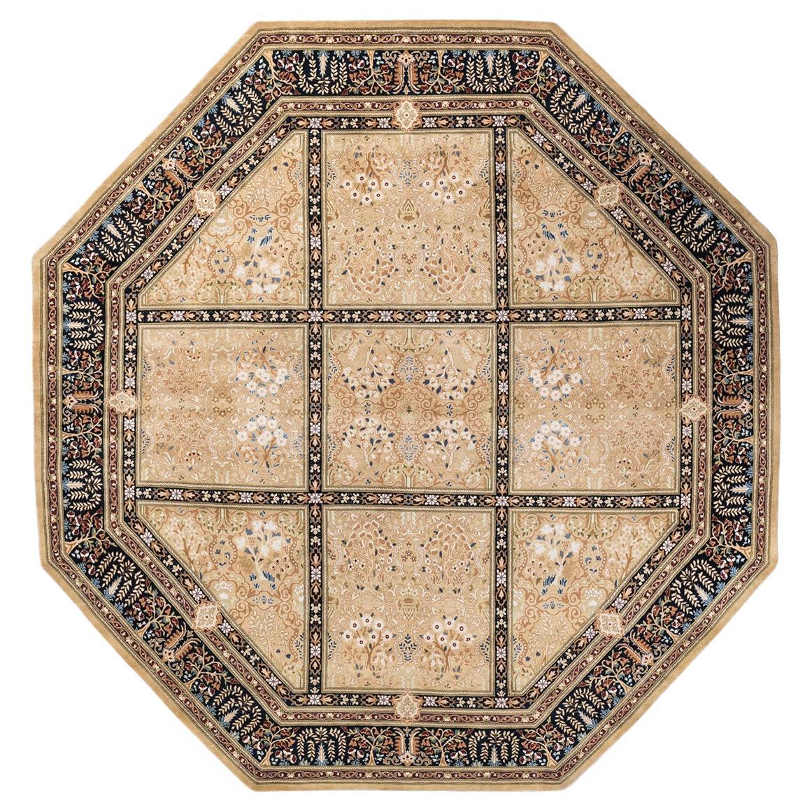Traditional Mogul Hand Knotted Wool Yellow Octagon Area Rug  For Sale