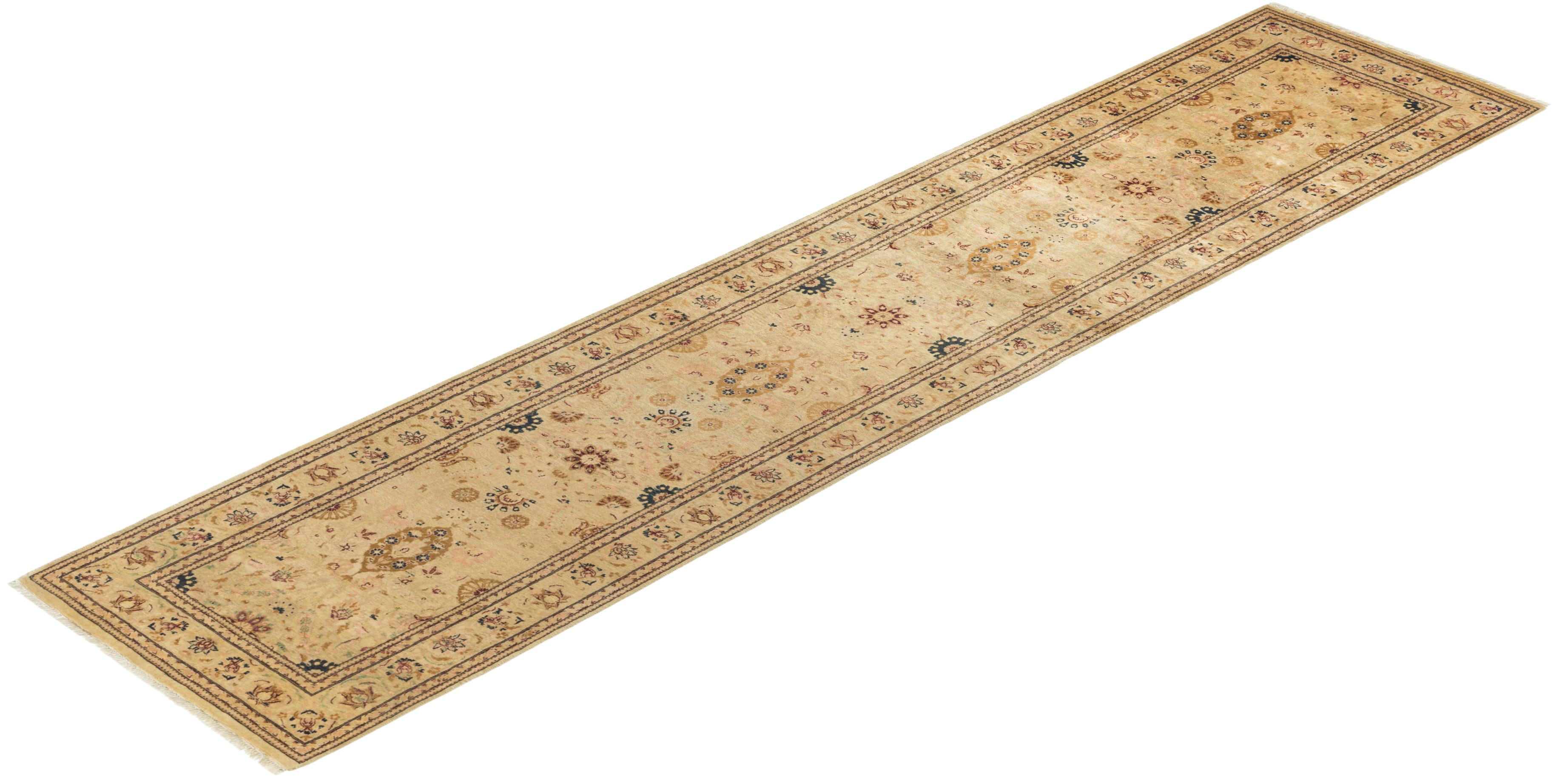Traditional Mogul Hand Knotted Wool Yellow Runner For Sale 3