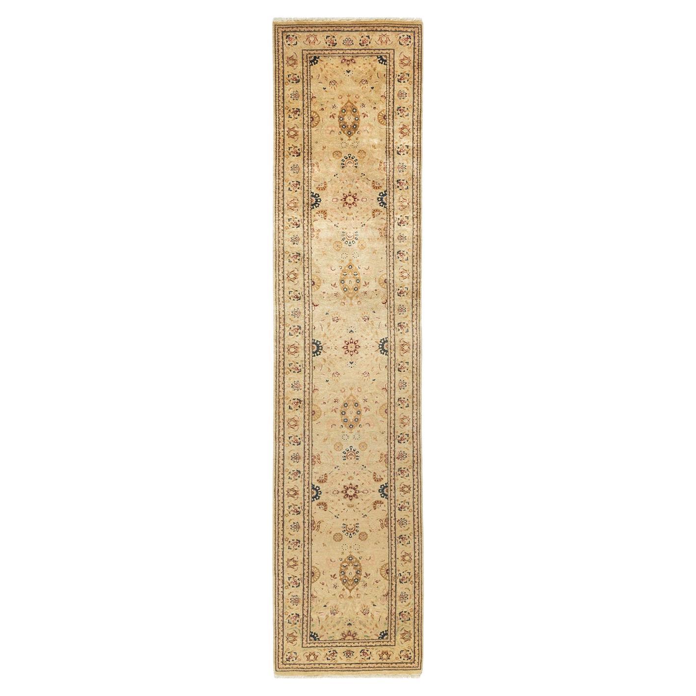 Traditional Mogul Hand Knotted Wool Yellow Runner For Sale