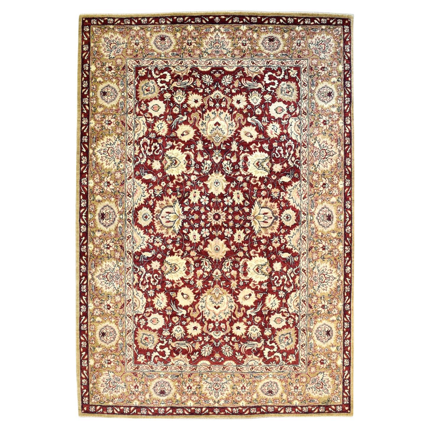 Tapis persan traditionnel Mohtasham, pure laine, rouge, or et crème, 5' x 7'