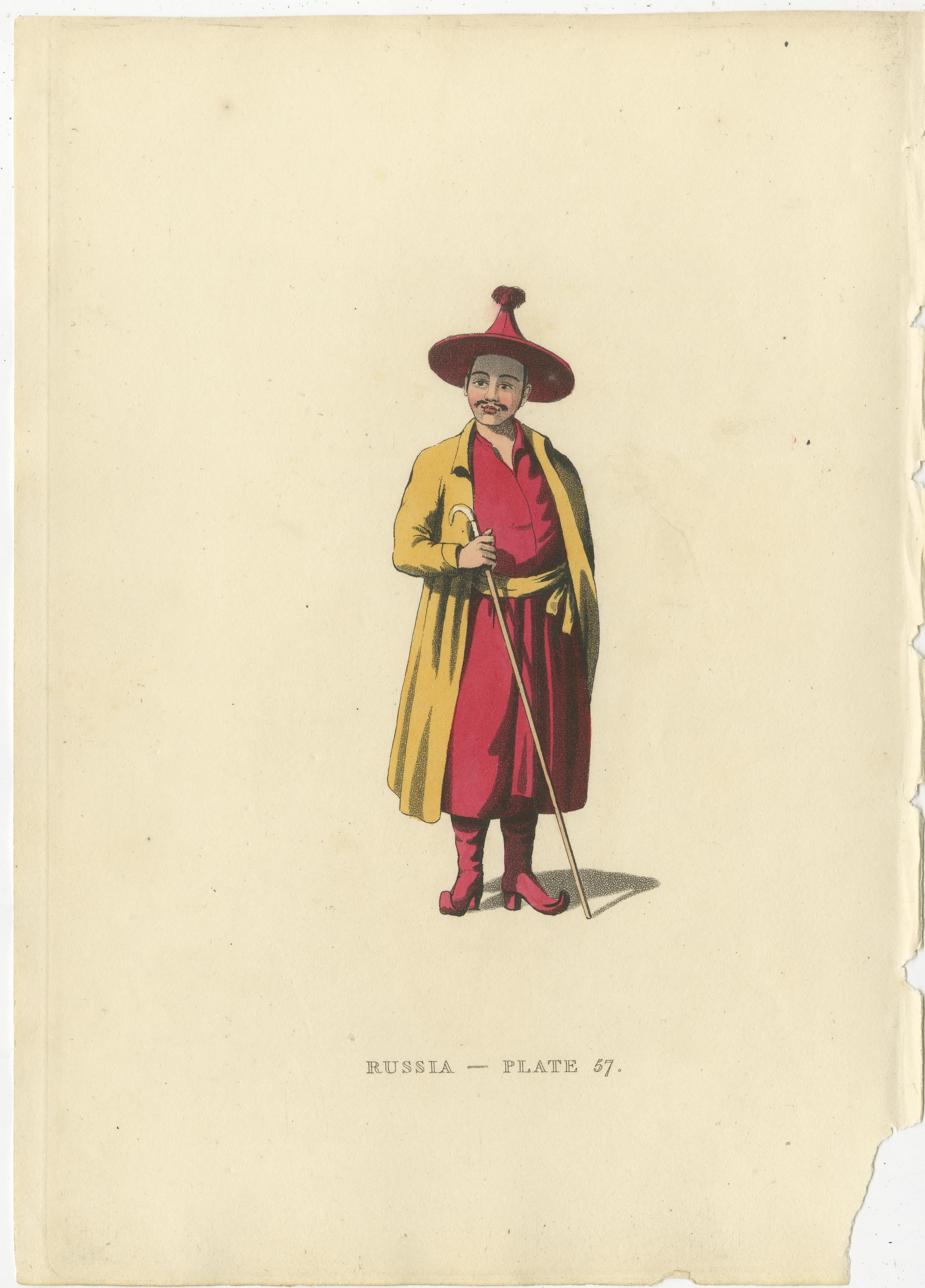 Early 19th Century Traditional Mongolian Attire in Alexander's Russian Ethnographic Engraving, 1814 For Sale
