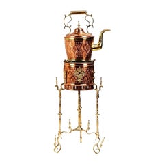 Mid-Century Moorish Brass and Copper Tea Pot on Kettle